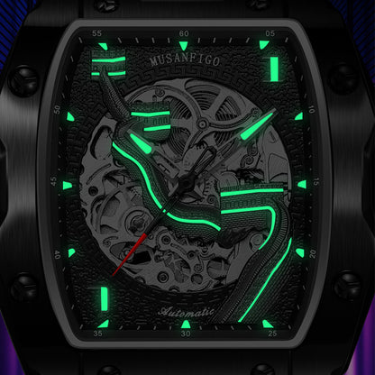 MUSANFIGO Square Skeleton Automatic Watch – Luxury Mechanical Sports Watch with Silicone Strap for Men