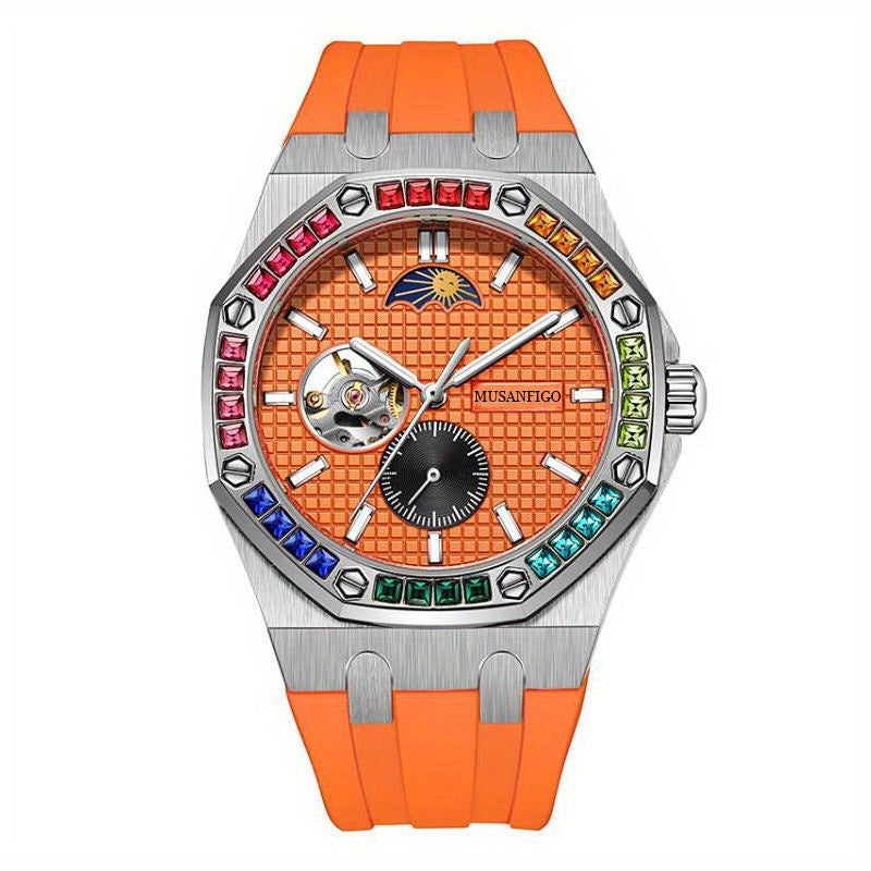 MUSANFIGO Automatic Mechanical Watch with Moon Phase – Luxury Colorful Bezel Sports Watch for Men