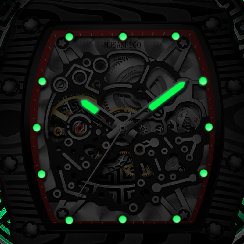 MUSANFIGO Tonneau Skeleton Automatic Watch – Luxury Mechanical Sport Watch for Men