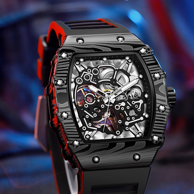 MUSANFIGO Tonneau Skeleton Automatic Watch – Luxury Mechanical Sport Watch for Men