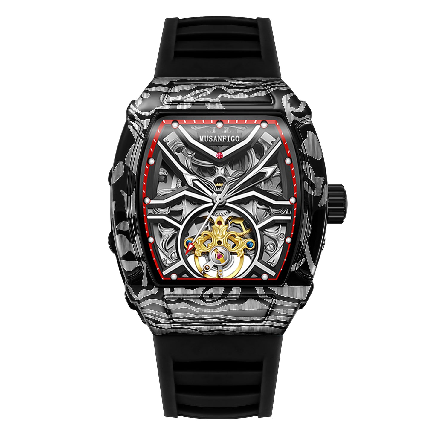MUSANFIGO Tonneau Skeleton Automatic Watch – Bold Mechanical Design with Silicone Strap
