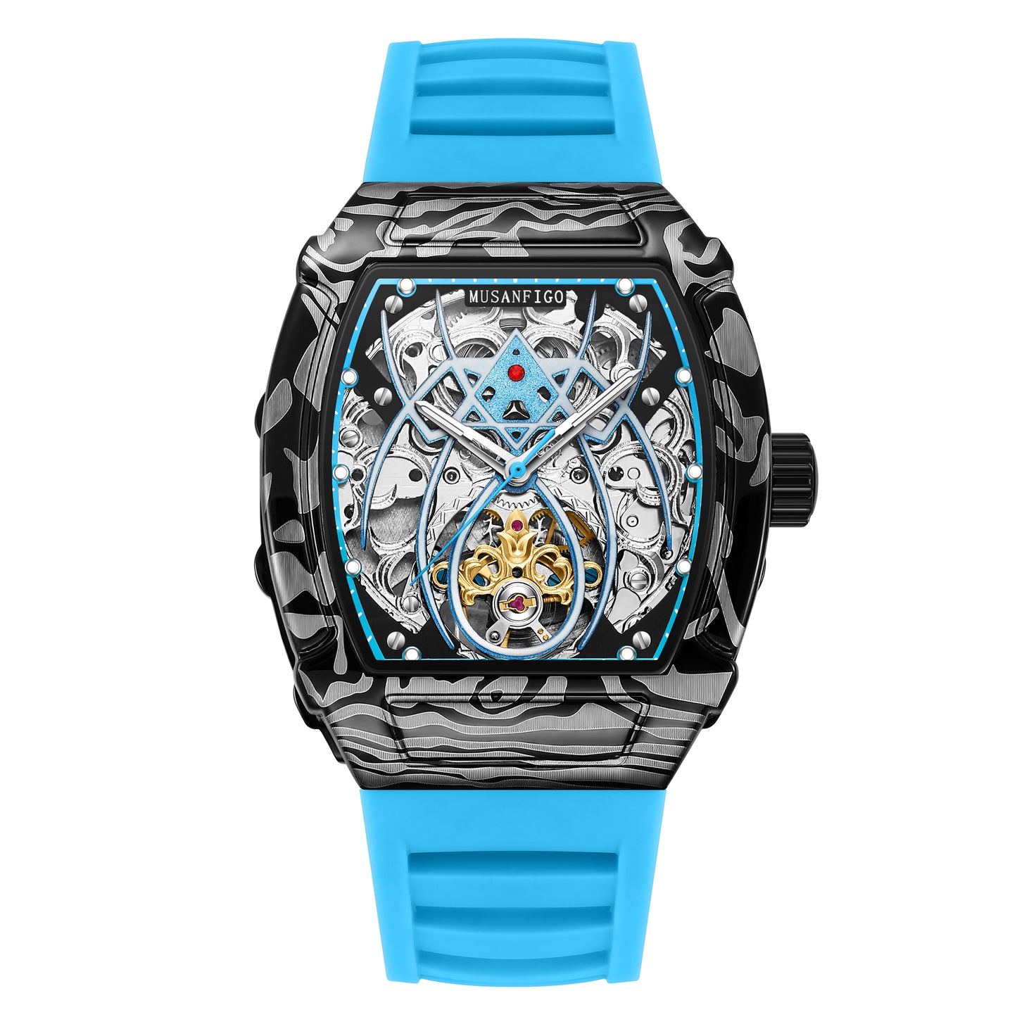 MUSANFIGO Tonneau Skeleton Automatic Watch – Modern Luxury Mechanical Sports Watch for Men