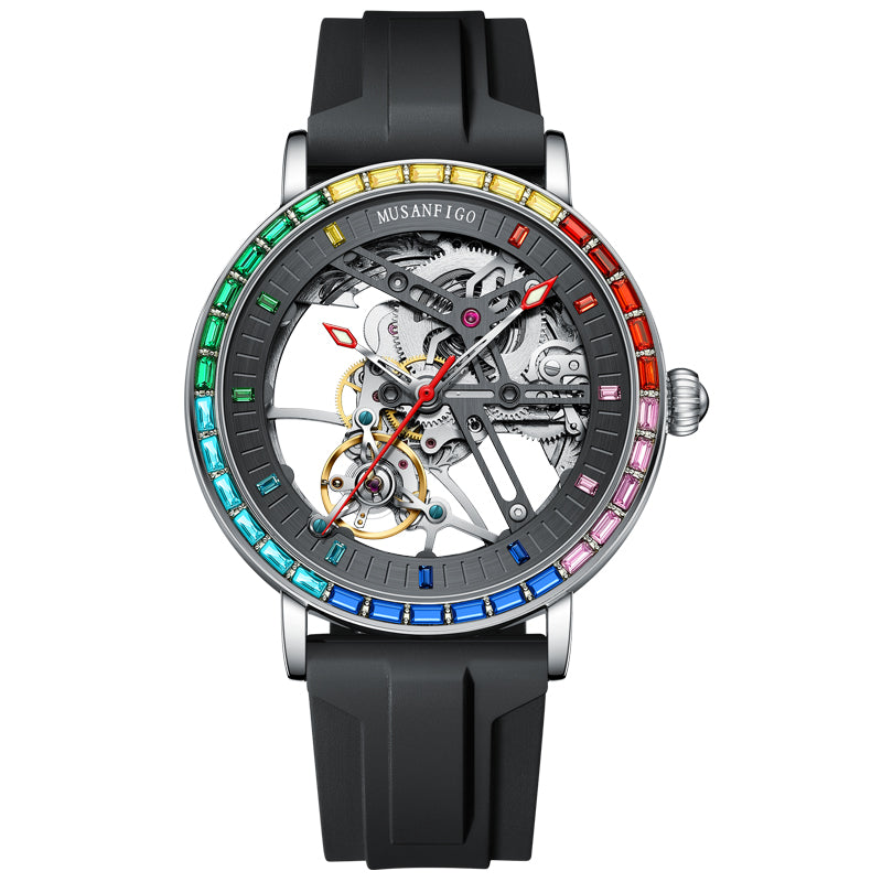 MUSANFIGO Skeleton Automatic Watch with Rainbow Crystal Bezel – Luxury Mechanical Timepiece for Men