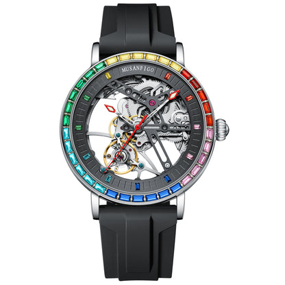 MUSANFIGO Skeleton Automatic Watch with Rainbow Crystal Bezel – Luxury Mechanical Timepiece for Men
