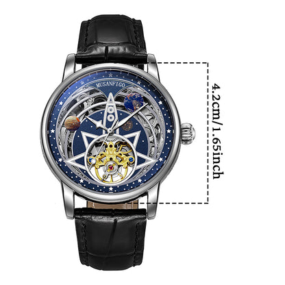 MUSANFIGO Astronomical Skeleton Automatic Watch – Luxury Mechanical Star Dial Leather Strap Watch for Men