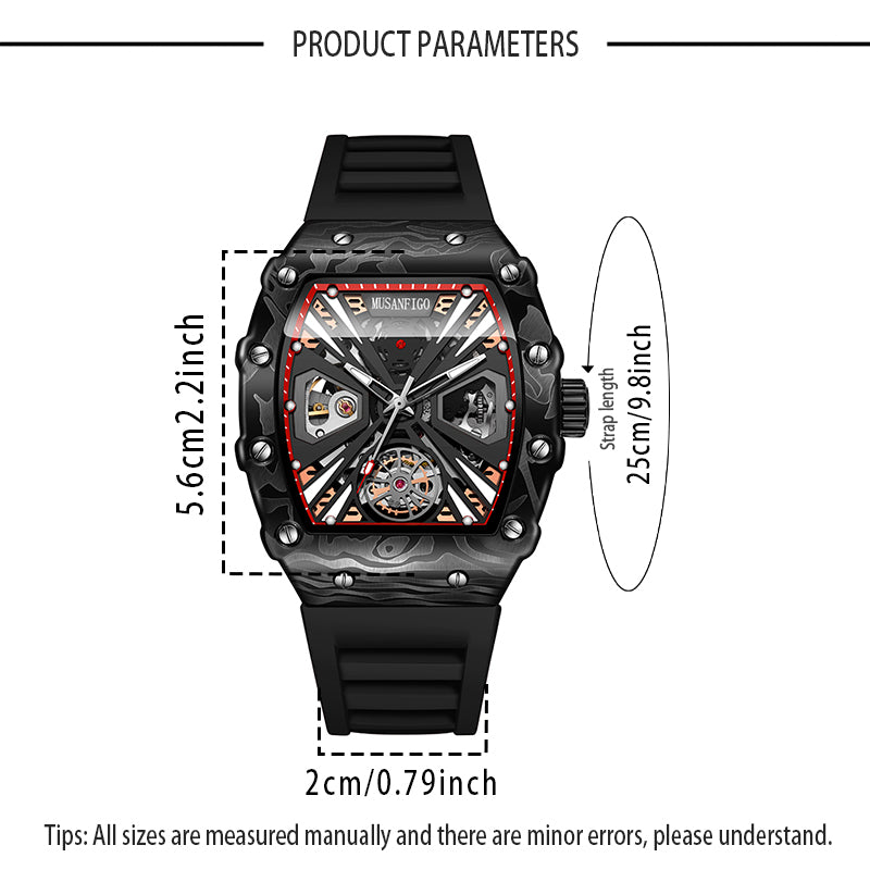 MUSANFIGO Tonneau Skeleton Automatic Watch – Bold Luxury Mechanical Sports Watch for Men