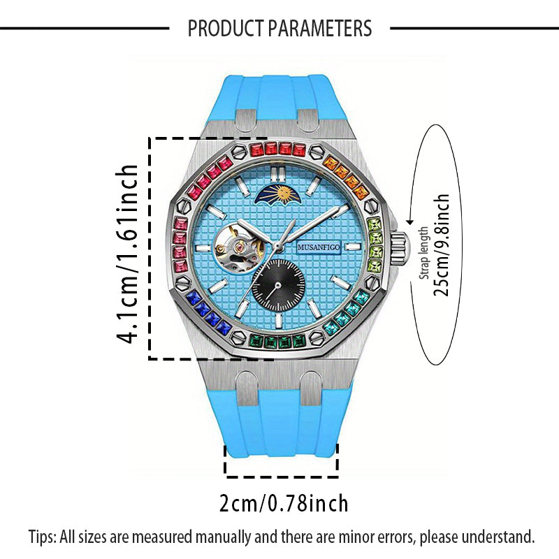 MUSANFIGO Automatic Mechanical Watch with Moon Phase – Luxury Colorful Bezel Sports Watch for Men