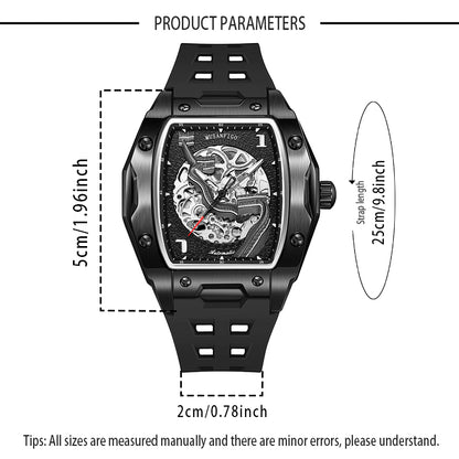 MUSANFIGO Square Skeleton Automatic Watch – Luxury Mechanical Sports Watch with Silicone Strap for Men