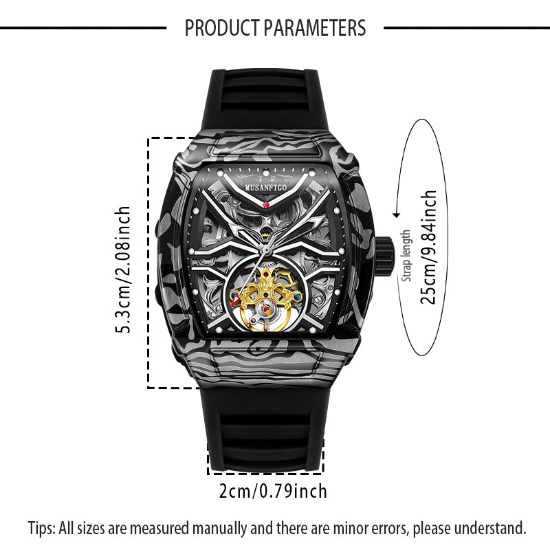 MUSANFIGO Tonneau Skeleton Automatic Watch – Bold Mechanical Design with Silicone Strap