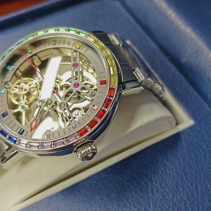 MUSANFIGO Skeleton Automatic Watch with Rainbow Crystal Bezel – Luxury Mechanical Timepiece for Men